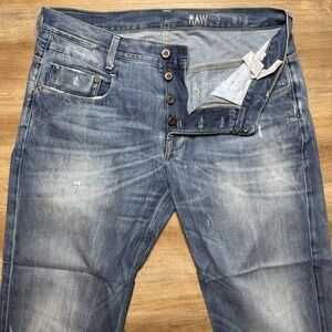 G Star RAW Jeans Men 36x30 Blue Radar Loose Fit Baggy Distressed Whiskers Hemmed